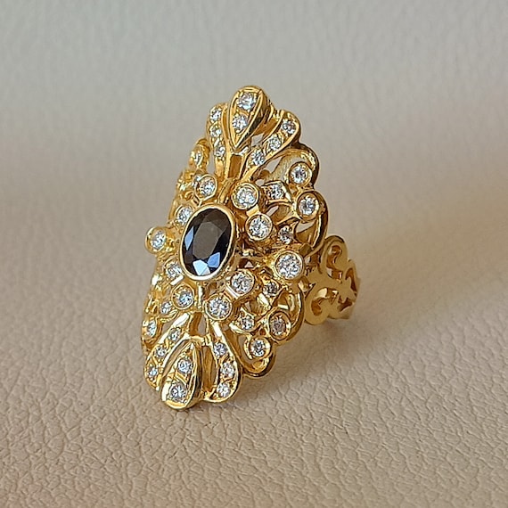 Greek Byzantine designe ring  with natural brilliant cut diamonds and sapphire in 18 carat solid yellow gold