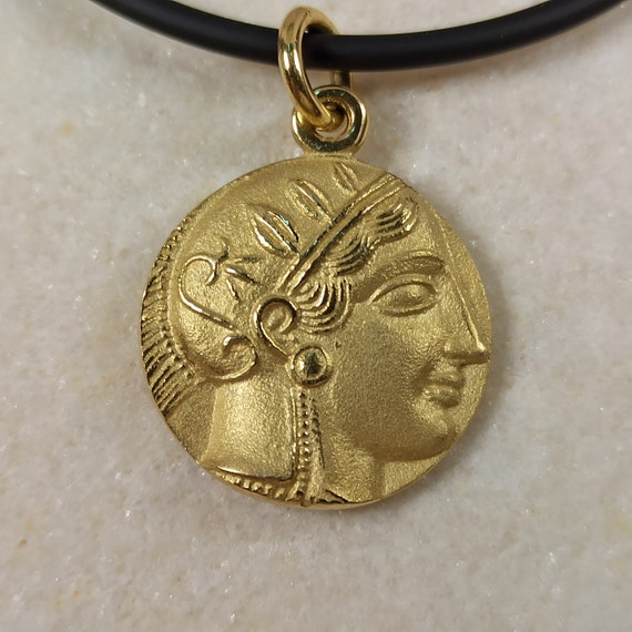 Athenian Tetradrachm reproduction Athena and owl coin pendant, made of 18K solid yellow gold