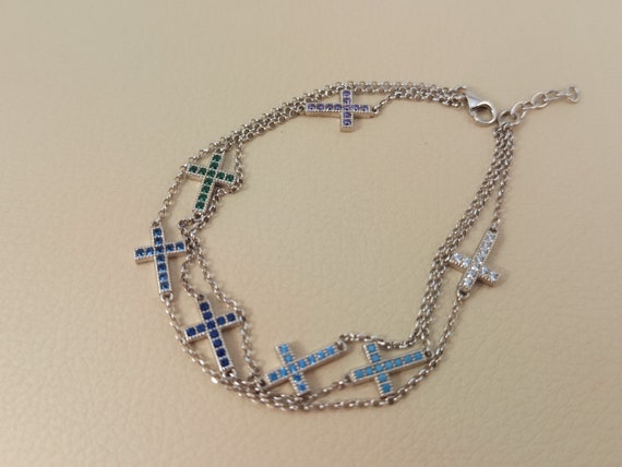 Sterling silver bracelet with crosses,Silver bracelet with seven cubic zirconia crosses, Cross bracelet
