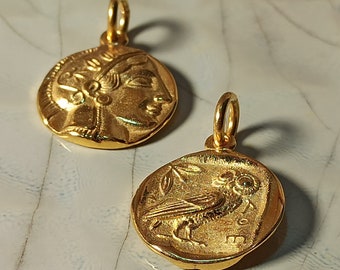 Goddess Athena reproduction ancient Greek coin pendant made of 14 carat solid yellow gold