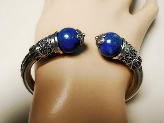 Silver bracelet with lapis lazuli stones, Bangle silver with lapis stones, Greek ancient style bangle with lapis lazuli stones