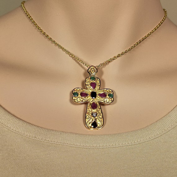 Byzantine style Greek Cross in 18 carat solid gold with genuine precious gemstones Rubys Sapphires Emeralds Diamond