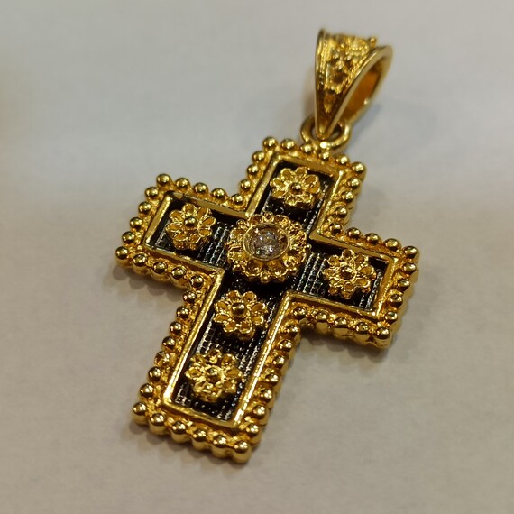 Byzantine style Greek handmade cross with diamond made of 18K solid yellow gold