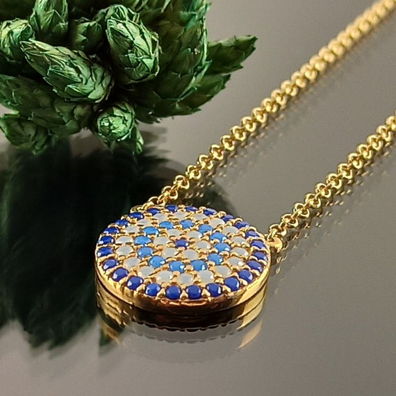 Evil eye necklace with AAAAA Quality Lapis and Opal cubic zirconia stones in gold plated sterling silver 925