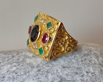 Greek Byzantine design ring with precious stones in 18 carat solid yellow gold