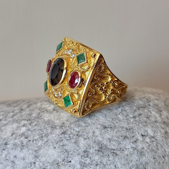Greek Byzantine design ring with precious stones in 18 carat solid yellow gold