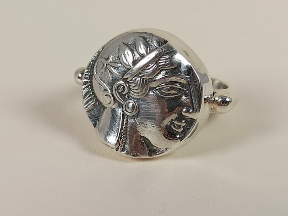 Handmade ring  with a repreduction ancient  Greek coin  of Goddess Athena in sterling silver 925