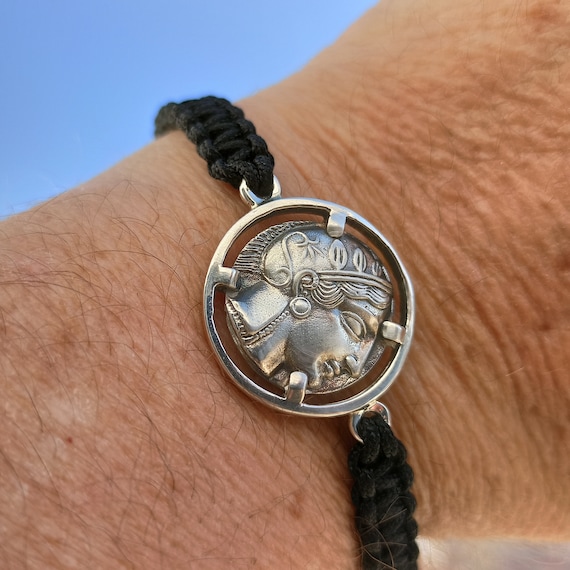 Macrame knitted bracelet with Athenian Tetradrachm coin of Goddess Athena in sterling silver 925
