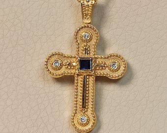 Byzantine style Greek Orthodox hand made cross with natural diamonds and sapphire in 18K solid yellow gold