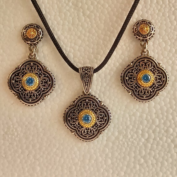 Greek Byzantine style set ,earrings and pendant with aqua color cubic zirconia made of oxidized and gold plated sterling silver 925