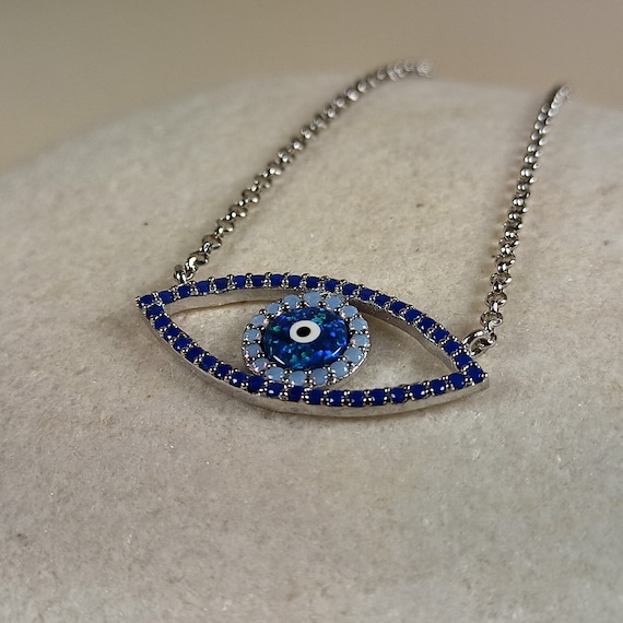 Eye shape evil eye necklace with AAAAA quality lapis and opaline cubic zirconia in platinum plated sterling silver 925