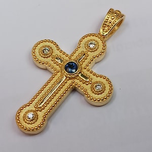 Byzantine style Greek Orthodox cross with natural sapphire and diamonds made of 22K solid yellow gold