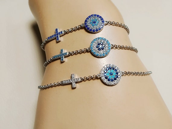 Evil eye and cross bracelet in sterling silver platinum plated with AAAAA quality different color cubic zirconia