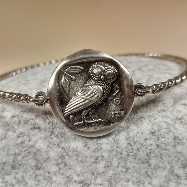 Bangle with an owl of the ancient coin of Goddess Athena in oxidized sterling silver 925