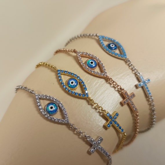 Eye shape evil eye with cross bracelet with AAAAA quality cubic zirconia and opal in sterling silver 925