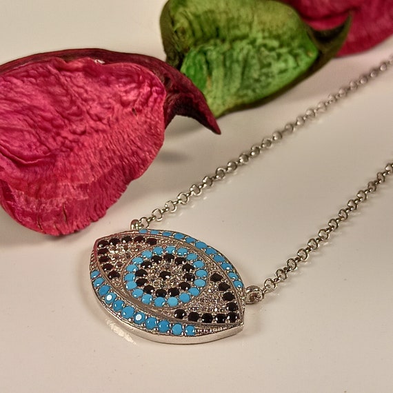 Eye shape evil eye necklace with AAAAA Quality cubic zirconia stones in platinum plated sterling silver 925