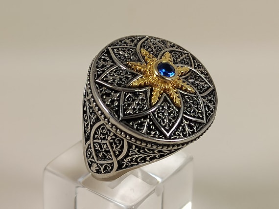 Byzantine design ring in sterling silver 925 and gold plated with blue sapphire color cubick zirconia