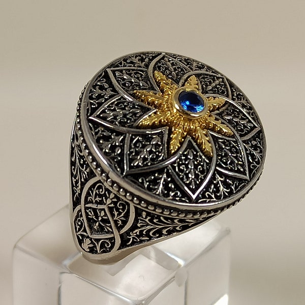 Byzantine design ring in sterling silver 925 and gold plated with blue sapphire color cubick zirconia