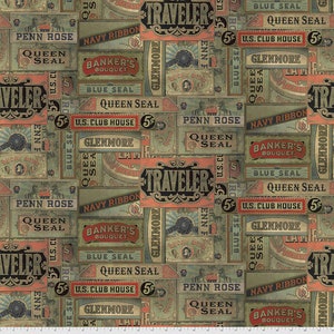 May include: A colorful fabric pattern with a vintage travel theme. The pattern features various labels with text such as "Traveler", "Penn Rose", "Queen Seal", "Navy Ribbon", "Banker's Bouquet", "Blue Seal", "U.S. Club House", "Glenmore", and "5¢".