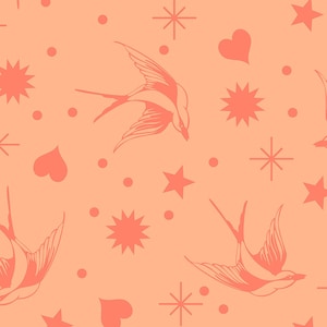May include: A seamless pattern featuring pink swallows, stars, and hearts on a peach background.