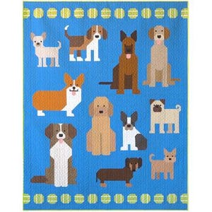 Puede incluir: Un edredón azul con un patrón repetido de perros de dibujos animados de varias razas y colores. El edredón tiene un borde de pelotas de tenis amarillas. Los perros están en diferentes poses.