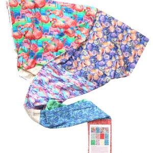 May include: A collection of colorful fabric swatches featuring a variety of patterns, including flamingos, seashells, and abstract designs. The swatches are arranged in a cascading display, showcasing the vibrant colors and intricate details of each pattern.