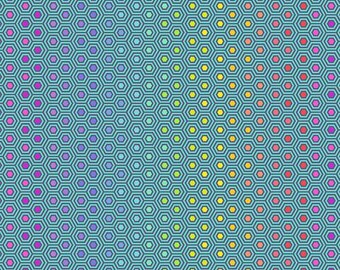 May include: A teal fabric with a repeating pattern of colorful, gradient hexagons. The hexagons transition from pink to red, yellow, green, and blue. The pattern is arranged in vertical rows.
