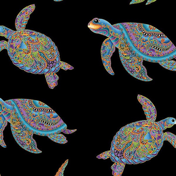 Hooked on Fish - Sea Turtles Black by Ann Lauer for Benartex