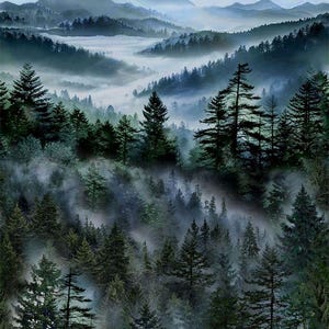 May include: A landscape painting of a misty forest with tall evergreen trees. The artwork depicts a mountain range in the background, shrouded in fog, with a palette of greens, blues, and greys.