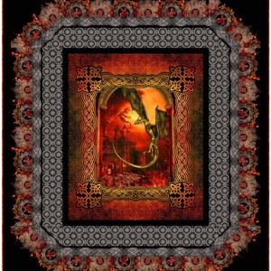 Può includere: Uno sfondo rosso e arancione infuocato con un drago nero che vola attraverso un arco di pietra. Il drago è circondato da fiamme e fumo. L'arco è decorato con nodi celtici.