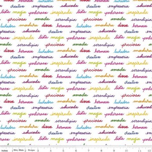 May include: A white background with a repeating pattern of colorful words in a handwritten font. The words include "creativa", "luchadora", "empresaria", "educada", "lista", "magia", "poderosa", "inspirada", "preciosa", "amada", "serendipia", "madura", "diosa", "hermosa".