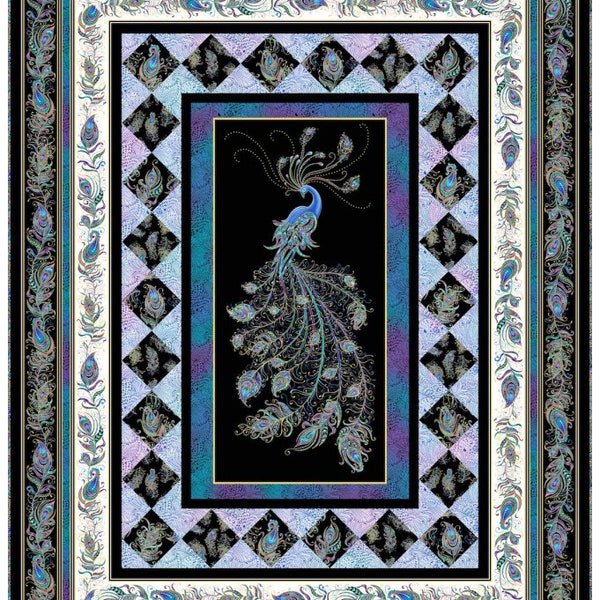 Peacock Elegance with Metallic Accents 58" x 76" Quilt Kit