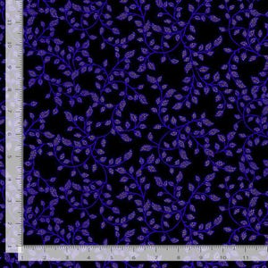 May include: A black fabric with a repeating pattern of blue vines with small white dots. The vines are intertwined and have small leaves.