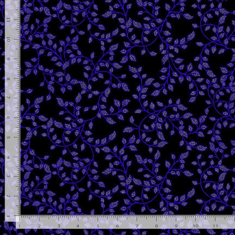 May include: A black fabric with a repeating pattern of blue vines with small white dots. The vines are intertwined and have small leaves.