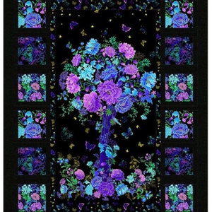 May include: A black background with a floral design in shades of blue, purple, and green. The flowers are arranged in a tree shape with butterflies flying around them. The design is surrounded by a border of smaller floral squares.