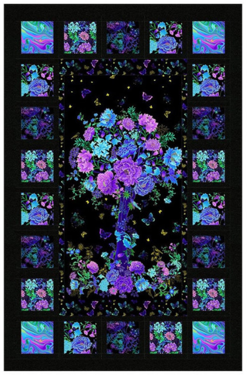 May include: A black background with a floral design in shades of blue, purple, and green. The flowers are arranged in a tree shape with butterflies flying around them. The design is surrounded by a border of smaller floral squares.