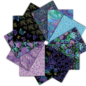 May include: A collection of 12 fabric squares featuring a variety of floral and abstract patterns in shades of purple, blue, and green on a black background.
