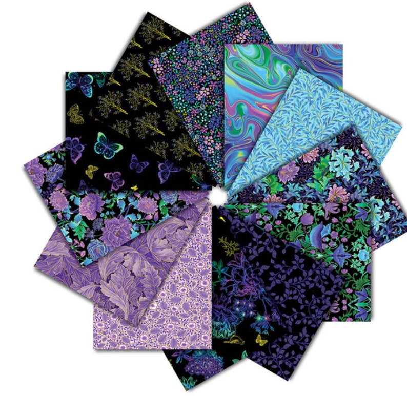 May include: A collection of 12 fabric squares featuring a variety of floral and abstract patterns in shades of purple, blue, and green on a black background.