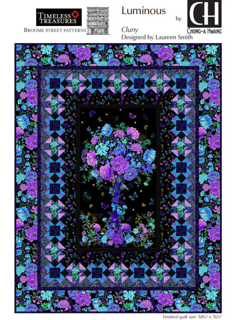 May include: A quilt pattern featuring a floral design with a tree in the center. The quilt is surrounded by a border of geometric shapes in shades of blue, purple, and green. The quilt is on a black background. The finished quilt size is 58 1/2 inches by 76 1/2 inches.