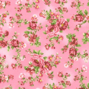 May include: A pink floral fabric featuring a repeating pattern of roses and other flowers in shades of pink, red, and green. The design has a vintage, romantic aesthetic, suitable for various craft projects.