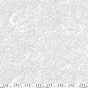 May include: Abstract pattern fabric in a light gray color with white swirling lines and geometric shapes.