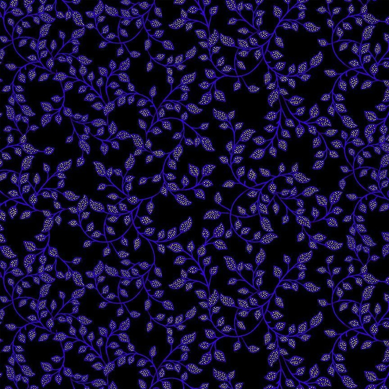 May include: A seamless pattern of blue vines with small white dots on a black background. The vines are arranged in a repeating pattern, creating a delicate and intricate design.