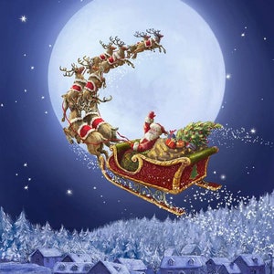 May include: Santa Claus in a red suit flies through the night sky in a sleigh pulled by reindeer. The sleigh is filled with presents and a Christmas tree. The moon is full and bright in the background.