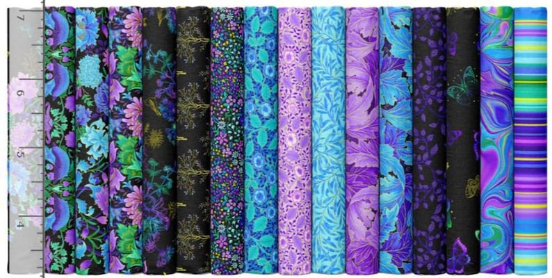 May include: A collection of 16 fabric strips featuring a variety of floral and abstract patterns in shades of blue, purple, and green on a black background.