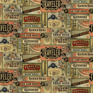 May include: A repeating fabric pattern featuring vintage-style cigar box labels in muted tones of tan, red, and blue. Text includes Traveler, Penn Rose, Queen Seal, Navy Ribbon, Banker's Bouquet, Blue Seal, U.S. Club House, and Glenmore with 5 cent icons.