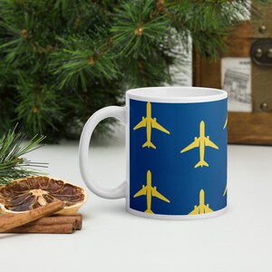 Flying Plane Blue Yellow Aviation Aircraft Airline Coffee And Tea Mug Ceramic. Pilot Gift, Aviator Gift