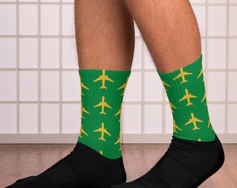Airplane Socks - Green & Gold Aviation Crew Socks, Pilot Gift
