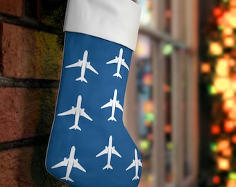 Flying Plane Christmas Holiday Stocking Blue | Aviation Gift, Airline Gift, Christmas Aviation Gift