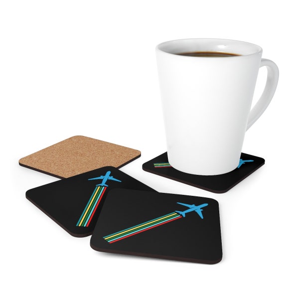 Flying Plane Traînils Angled Corkwood Coaster Set | Cadeau d’avion, cadeau de pilote, cadeau d’aviation