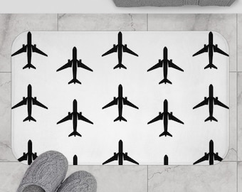 Black Airplane Bath Mat, Aviation Bathroom Decor, Pilot Gift